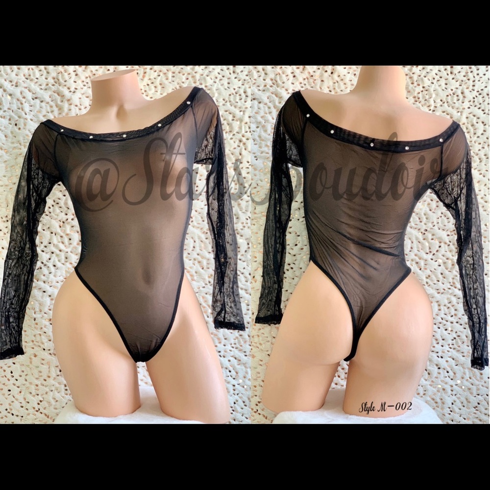 New 🖤Black🖤 Mesh Long Sleeve Monokini w/Rhinestone Accents